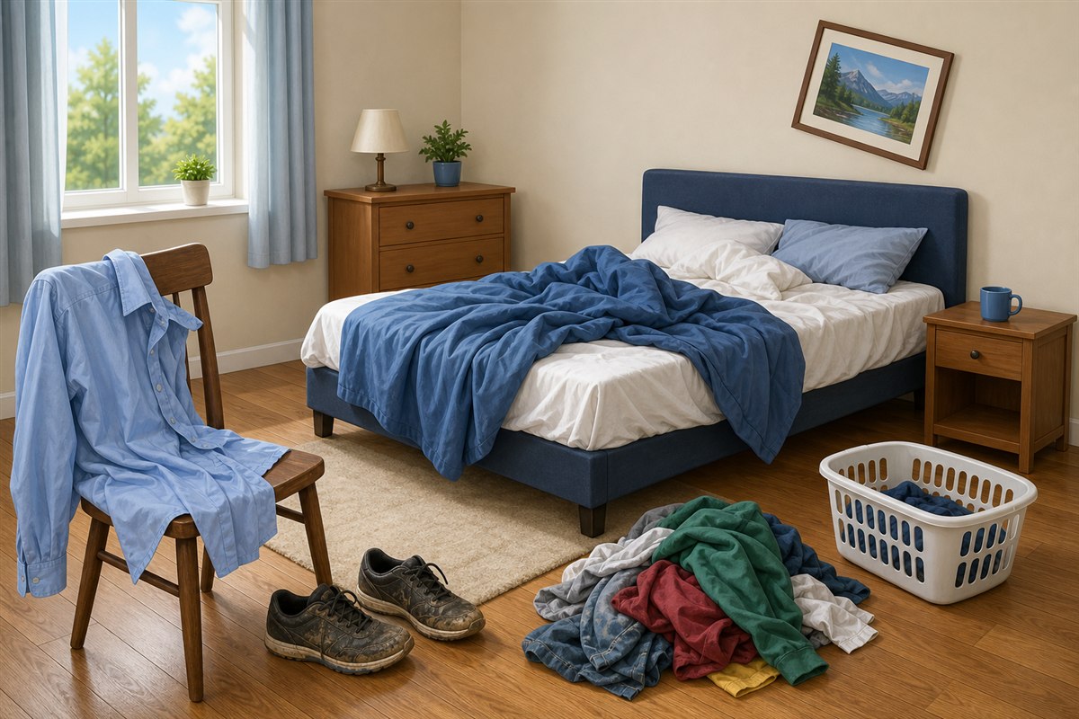 Messy bedroom ready to clean