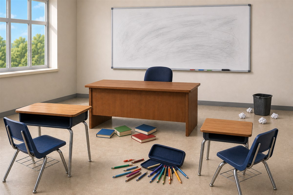 Messy classroom ready to clean