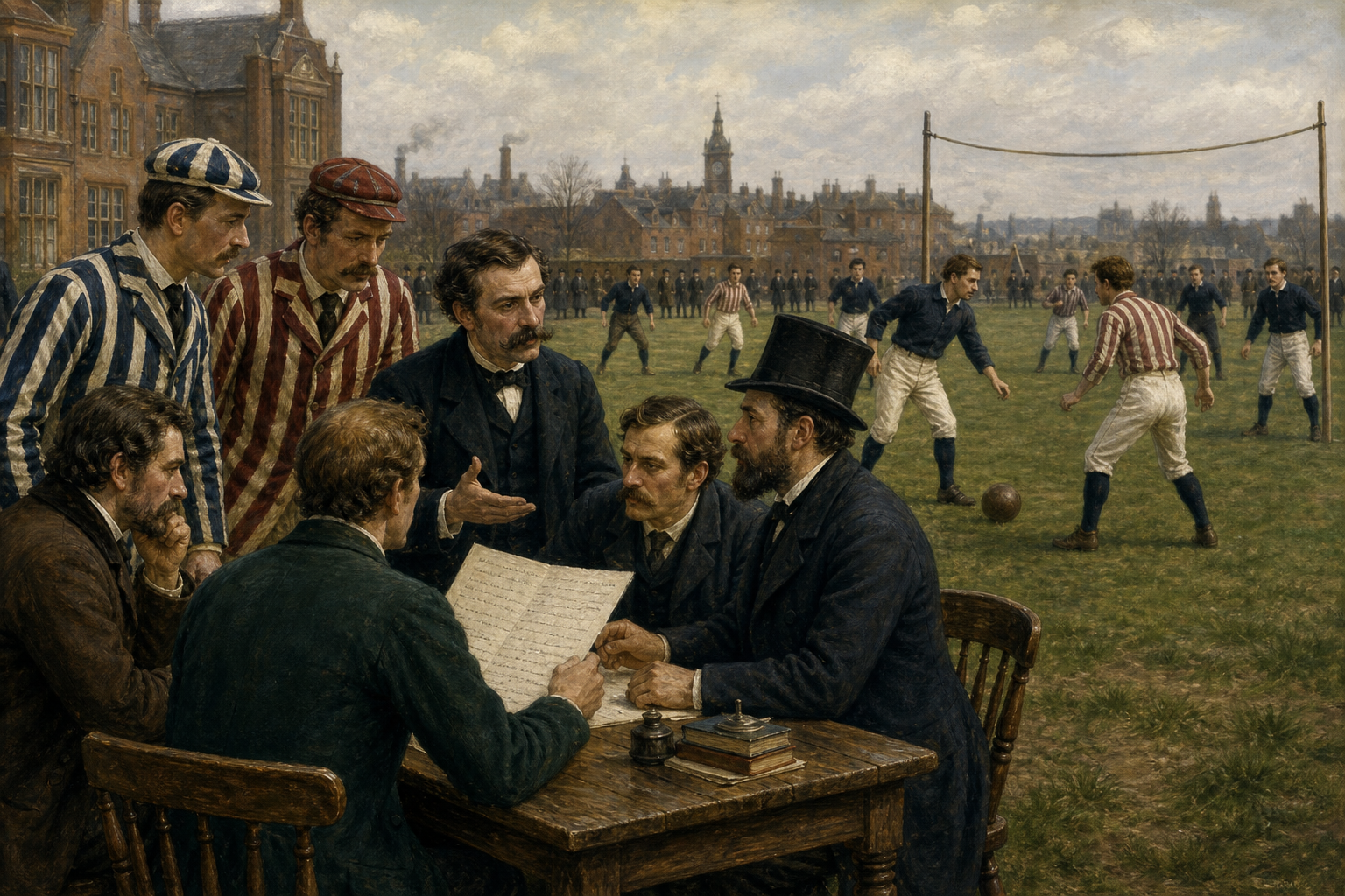 Victorian football players and officials discussing common rules in 1863