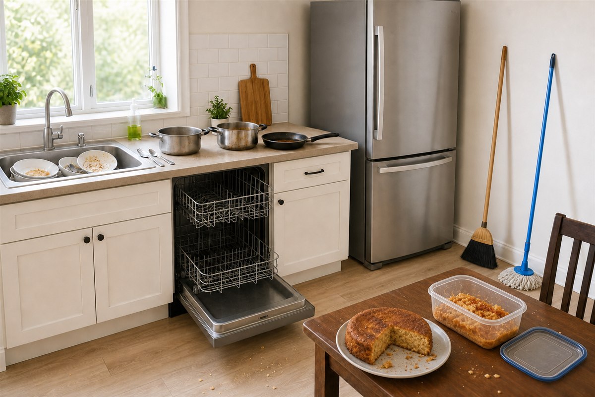 Messy kitchen with clear leftovers ready to put away