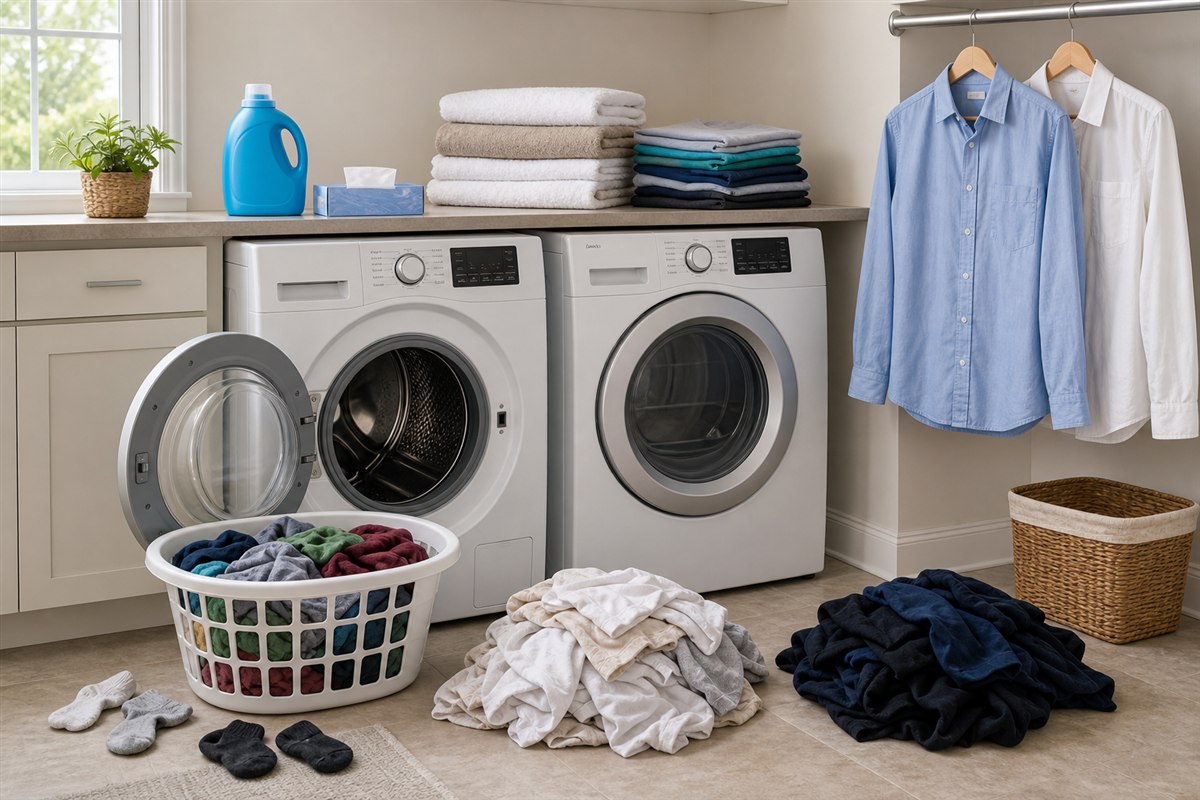 Laundry room ready for sorting, washing, drying, folding, and hanging clothes