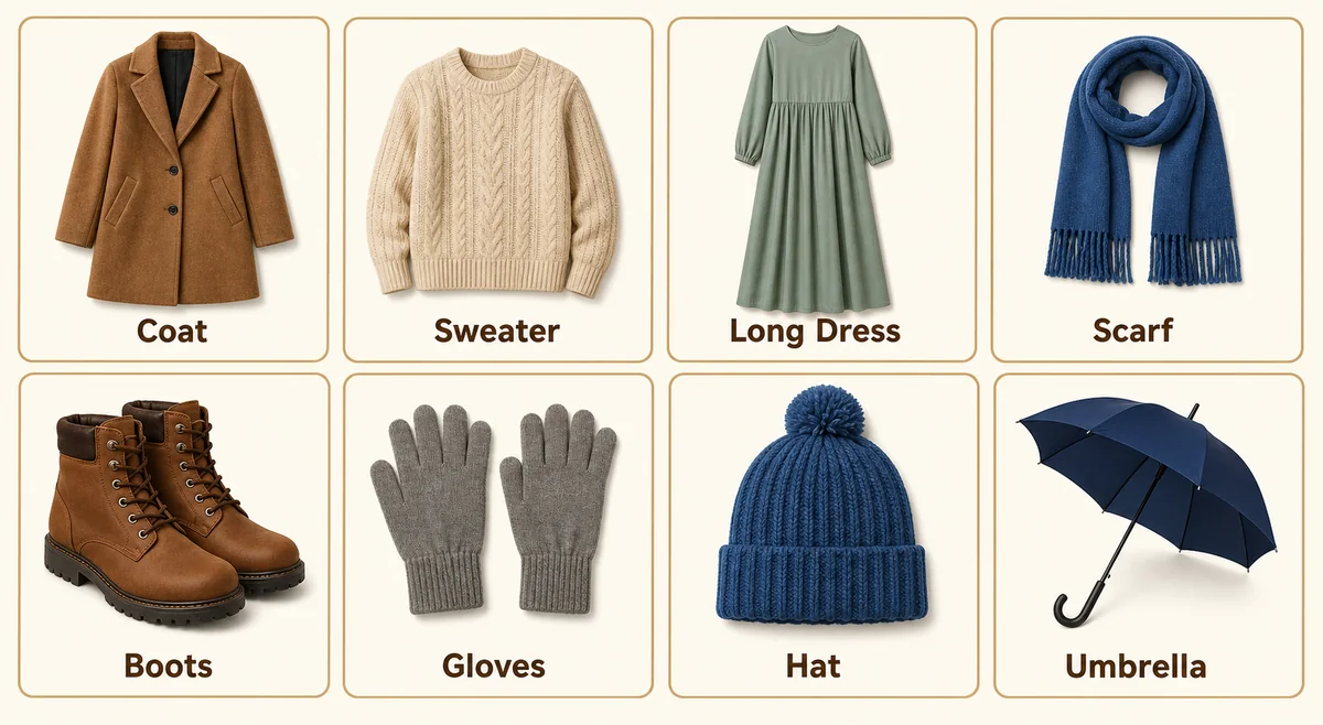 Clothes for the Weather vocabulary picture grid