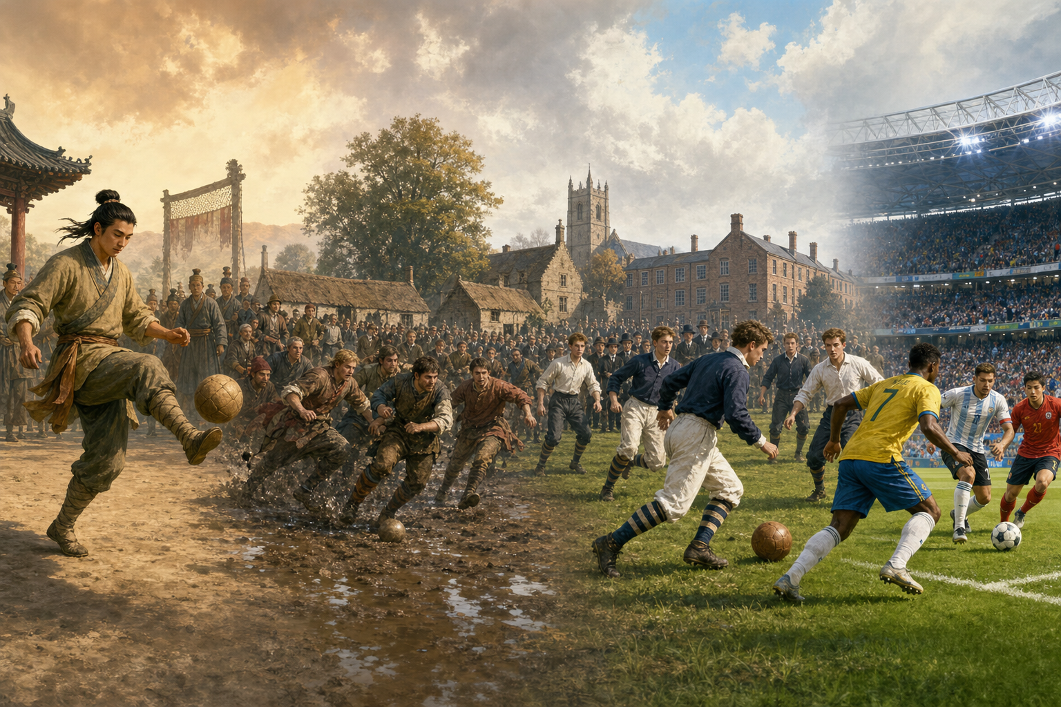 Illustrated timeline from ancient cuju and medieval football to Victorian and modern soccer
