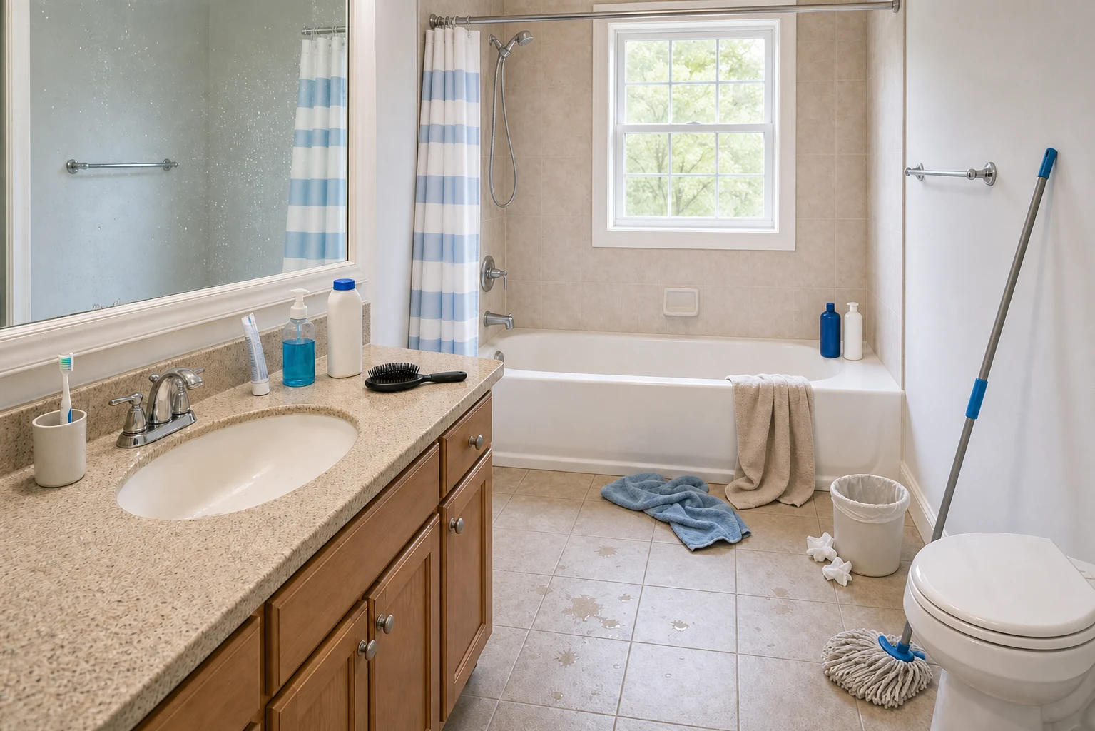 Bathroom ready for cleanup with a visible shower curtain, sink, mirror, bathtub, shower, towels, toiletries, trash can, tissues, mop, wet floor, and closed toilet